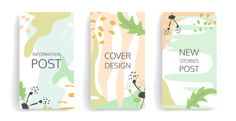 Summer design backgrounds for social media apps with abstract shapes and leaves. Set of editable banners, templates with copy space for text. Tropical story layout for blog. Vector illustration