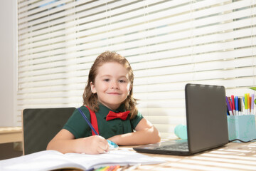 Smart smiling school pupil kid virtual distance learning online, watching remote digital class lesson, looking at laptop computer studying at home, writing notes.