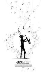 Poster - Vector silhouette of saxophonist with music melody note dancing flow . Concept background for classic music concert and recreation.