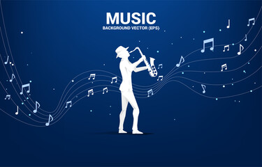 Poster - Vector silhouette of saxophonist with music melody note dancing flow . Concept background for classic music concert and recreation.