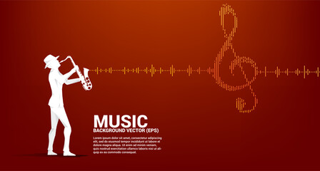 Poster - Vector silhouette of saxophonist with Sol key note icon Sound wave Music Equalizer background. background for event concert and music festival