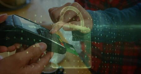 Poster - Animation of network security padlock over people using payment terminal
