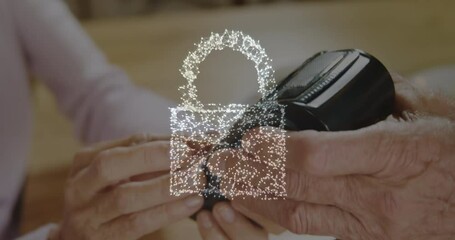 Poster - Animation of network security padlock over people using payment terminal