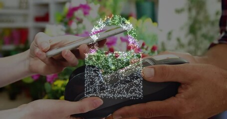 Poster - Animation of network security padlock over people using payment terminal