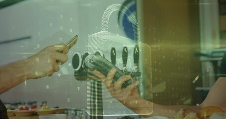 Poster - Animation of network security padlock over people using payment terminal