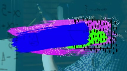 Poster - Animation of colorful blots and shapes over businessman using vr headset