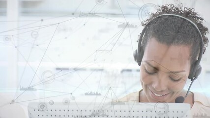 Poster - Animation of network of connections, statistics over businesswoman using phone headsets