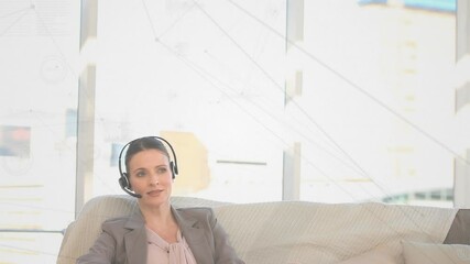 Poster - Animation of network of connections, statistics over businesswoman using phone headsets