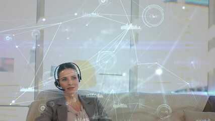 Poster - Animation of network of connections, statistics over businesswoman using phone headsets