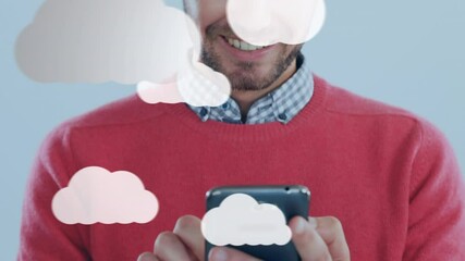 Poster - Animation of clouds and media icons over man using smartphone
