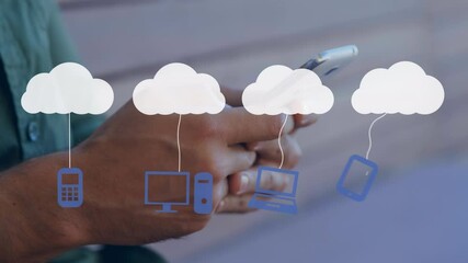 Poster - Animation of clouds and media icons over man using smartphone