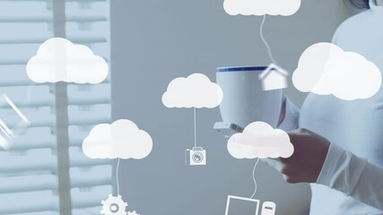 Poster - Animation of clouds and media icons over woman using smartphone