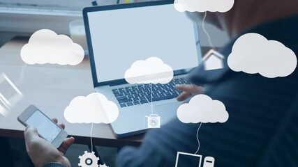 Poster - Animation of clouds and media icons over man using smartphone