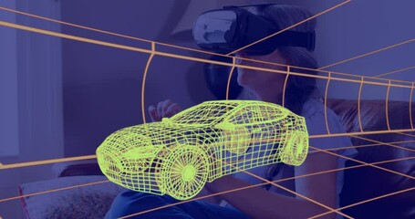 Poster - Animation of 3d technical drawing of car, over woman at home wearing vr headset
