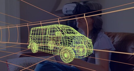 Poster - Animation of 3d technical drawing of van, over woman at home wearing vr headset