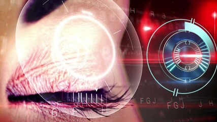 Poster - Animation of digital interface and clock over woman's eyes