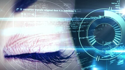 Poster - Animation of digital interface and clock over woman's eyes