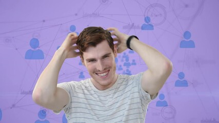 Poster - Animation of happy caucasian man over network of connections