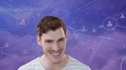 Poster - Animation of smiling caucasian man over network of connections and clouds