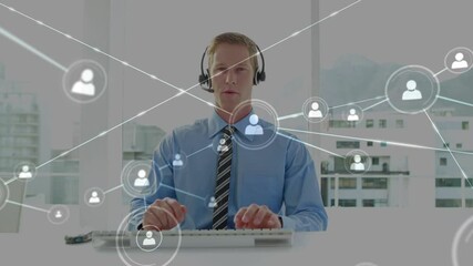 Poster - Animation of network of connections with icons over businessman using phone headsets