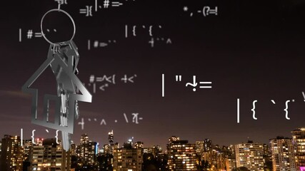 Poster - Animation of dangling house key and key fob over symbols and cityscape