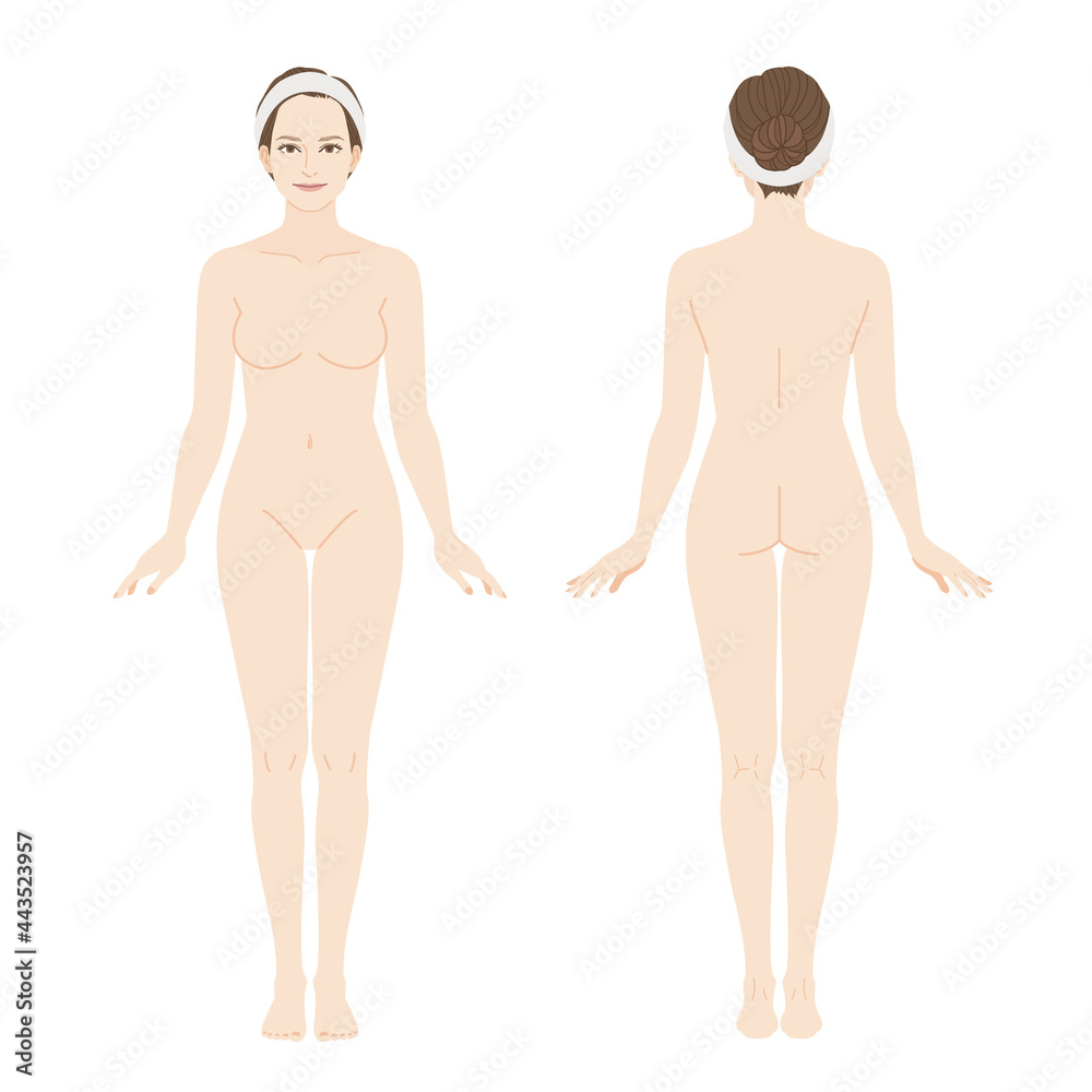 Naked woman full body illustration. Front view and back view. Stock