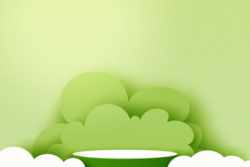 Aufkleber - 3d Paper cut abstract minimal geometric shape template background.Green cylinder podium on green nature landscape scene.