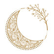 Golden crescent moon illustration. Ethnic style vector graphic.