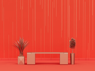 Wall Mural - Park bench and plants in plain monochrome orange room with striped pattern wall. 3d rendering, empty room with copy space