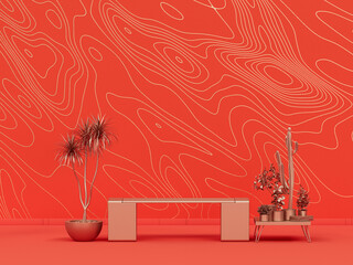 Wall Mural - Park bench and plants in plain monochrome orange room with wave pattern wall. 3d rendering, empty room with copy space