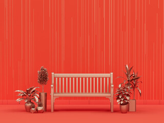 Wall Mural - Park bench and plants in plain monochrome orange room with striped pattern wall. 3d rendering, empty room with copy space