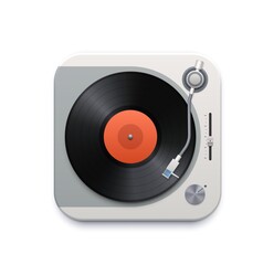Poster - Music vinyl disk player interface icon. Vector retro gramophone with slider and needle on rotating disc top view. Graphic ui design element for application, disco party isolated on white background