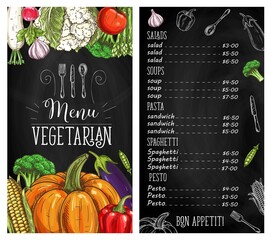 Vegetable food blackboard menu of vegetarian restaurant with vector sketches of fresh veggies. Tomato, pepper, broccoli and radish, garlic, green pea, cauliflower, asparagus chalkboard menu template