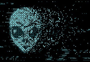 Aufkleber - Glitch screen digital distortion with pixel noise and alien crumbling face on black background. Vector glowing neon glitched effect, distorted glitch futuristic design with extraterrestrial character