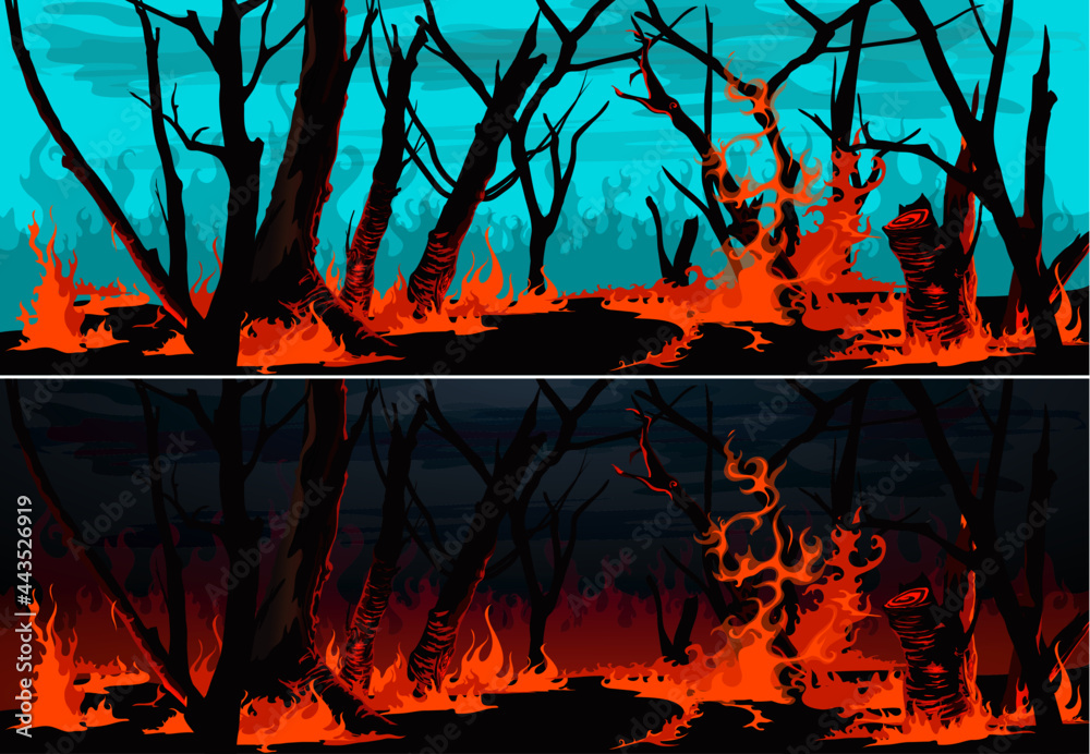 Forest fire with burning grass and trees vector banners. Wildfire at night or bushfire by day nature landscapes of environment design with burning woods, red fire flames, blaze and smoke clouds - obrazy, fototapety, plakaty 