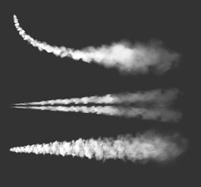 Airplane Chemtrails, Vector Plane Smoke Trails, Jet Clouds. Rocket Curve And Straight Contrail White Lines. Vapor Effect In Sky, Spray Tracks, Air Pollution Isolated Realistic 3d Design Elements