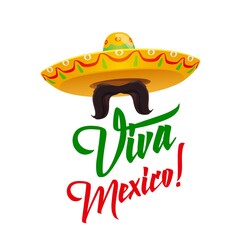 Canvas Print - Viva Mexico, sombrero with mustaches, vector Mexican holiday symbolic in red and green flag colors. Cartoon traditional Latin culture symbol isolated on white background. Fiesta party celebration