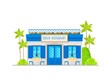 Greek cuisine restaurant building icon. Isolated vector building with white facade, blue wood door and window shutters. Mediterranean cafe, bar, bistro with terrace tables, flower pots and palm trees