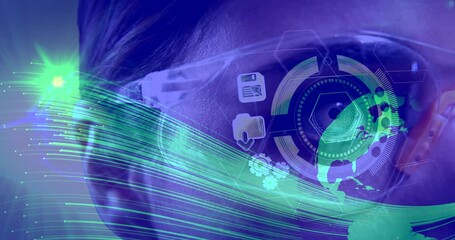 Poster - animation of lights and map over media icons on eye of woman in vr glasses using interface