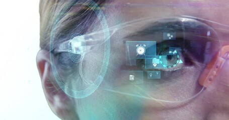 Poster - animation of media icons over eye of woman in vr glasses using interface