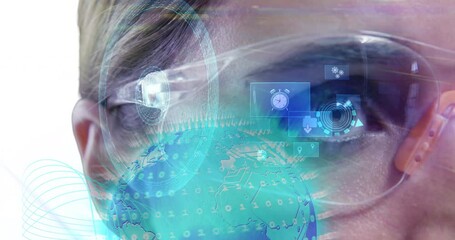 Poster - animation of globe over media icons on eye of woman in vr glasses using interface