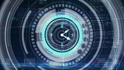 Poster - Animation of clock and safe lock rotating, over data processing on black background