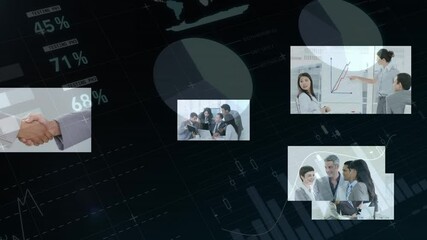 Poster - Animation of statistics and data processing over business people in meeting