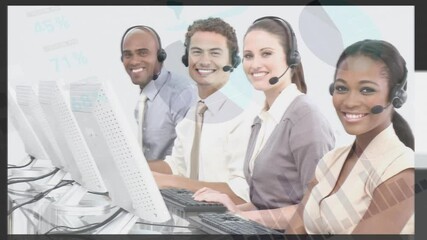 Poster - Animation of statistics and data processing over business people using phone headset