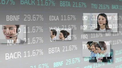 Poster - Animation of statistics and data processing over business people using phone headset