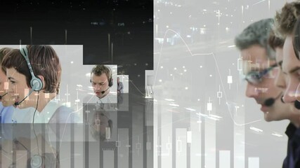 Poster - Animation of statistics and data processing over business people using phone headset