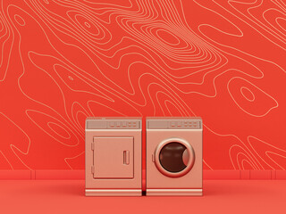 Wall Mural - Washing machine and dryer  in orange background interior room with wave pattern, monochrome single color metallic gold, 3d rendering