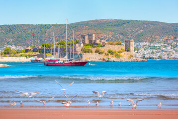 Wall Mural - Panoramic view of Saint Peter Castle (Bodrum castle) and marina 
View of Bodrum beach in the foreground - Bodrum, Turkey