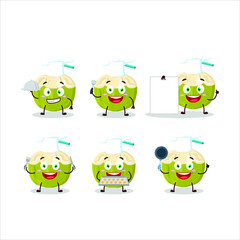 Poster - Cartoon character of green coconut drink with various chef emoticons. Vector illustration