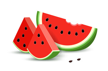 Half a watermelon and two slices with seeds, isolated on a white background.